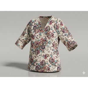 Tianello Womens 1X Boho Paisley Tunic Blouse Cream Blue Tencel Rayon Made in USA